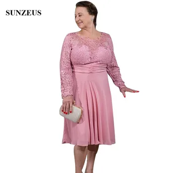

Lace Long Sleeve Pink Mother Of The Bride Dresses Knee Length Chiffon Groom Mothers Gown A-line Grandmother Party Wear CM0199