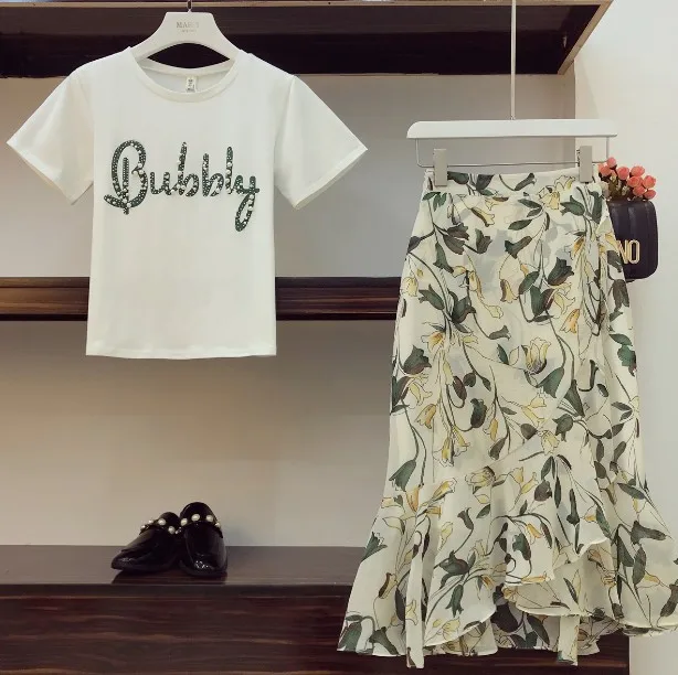 2018-New-Fashion-Summer-Women-s-Beading-Letters-T-shirt-Floral-Print-Chiffon-Fish-Tail-Skirt