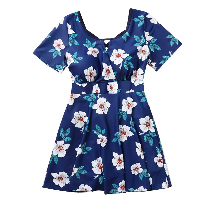 

Floral Beach Wear One Piece Swimsuit Plus Size Swimdress Women 2019 Short Sleeve Swim Dress Female Criss Cross Bathing Suits