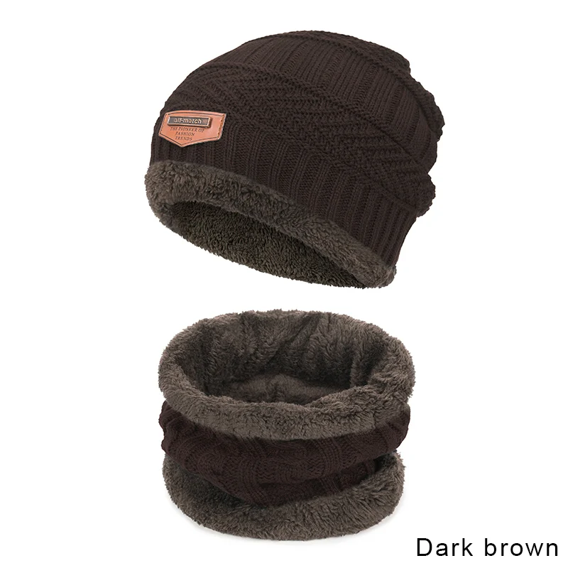 Dark brown MLTBB детская зимняя шапка, шарф, набор для мальчиков и девочек, вязаные шапки, набор шарфов, плотный хлопок, бархат, теплая верхняя одежда, необходимые аксессуары - Цвет: Dark brown
