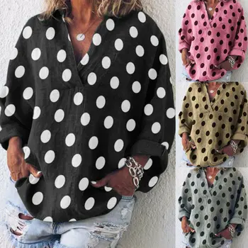 

Women Ladies Summer Long Sleeve Loose Polka Dot Shirt Ladies Casual Cotton Linen Blouse Tops