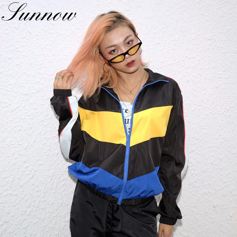 

SUNNOW 2 Piece Set Coats and Pants Women Long Sleeve Streetwear Fashion Zipper Jackets Female Casual Patchwork Coat and Trousers