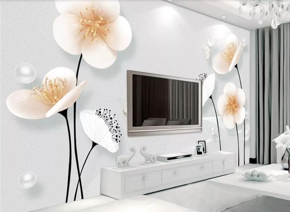 

Three-dimensional embossed plum modern European TV bedroom living room background wallpaper mural