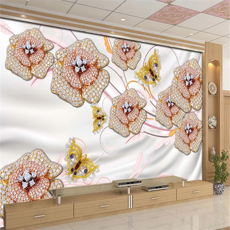 

beibehang 3d flooring Wallpaper for Living Room Crystal Flower Jewelry Diamond wall papers home decor papier peint behang