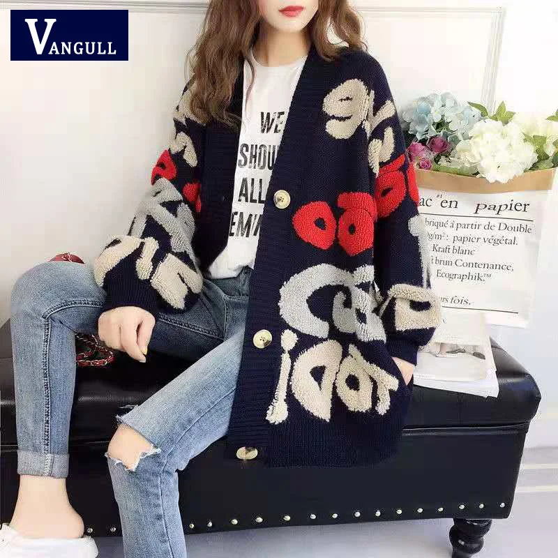 Vangull Women's Knitted Cardigan Long Sleeve Letter Print Single Breasted Thick Loose Sweater Korean Fashion image 3