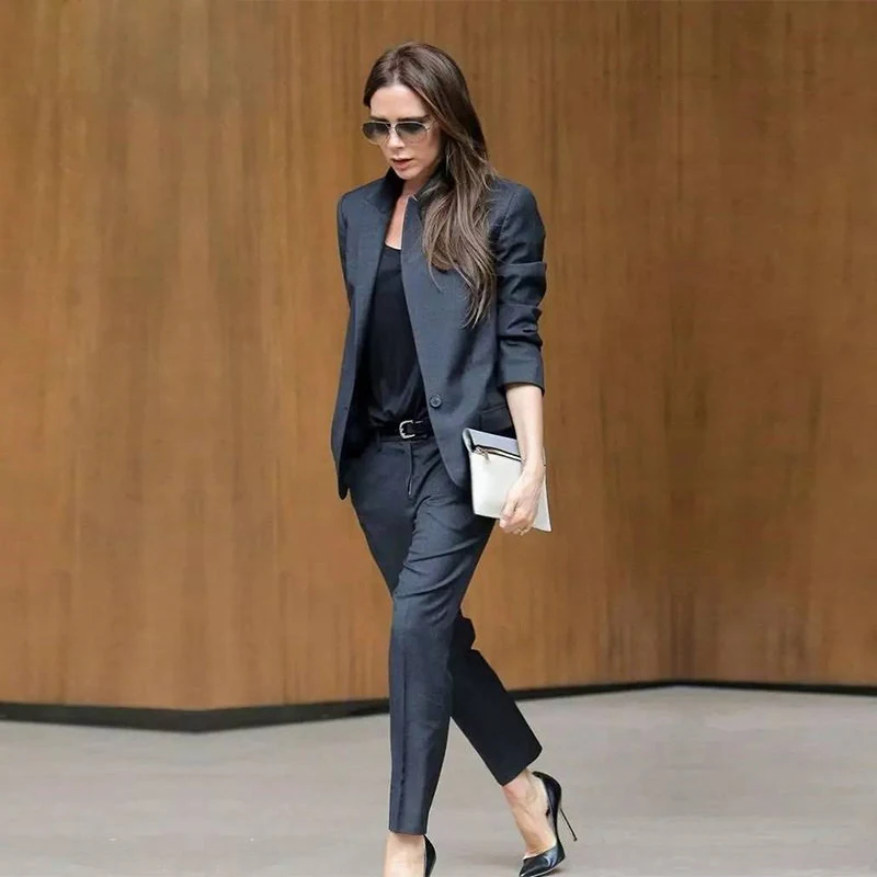 Custom Dark Gray Womens Business Suits Female Office Uniform Ladies Trouser Suits Formal Womens Tuxedo 2 Piece Set Blazer