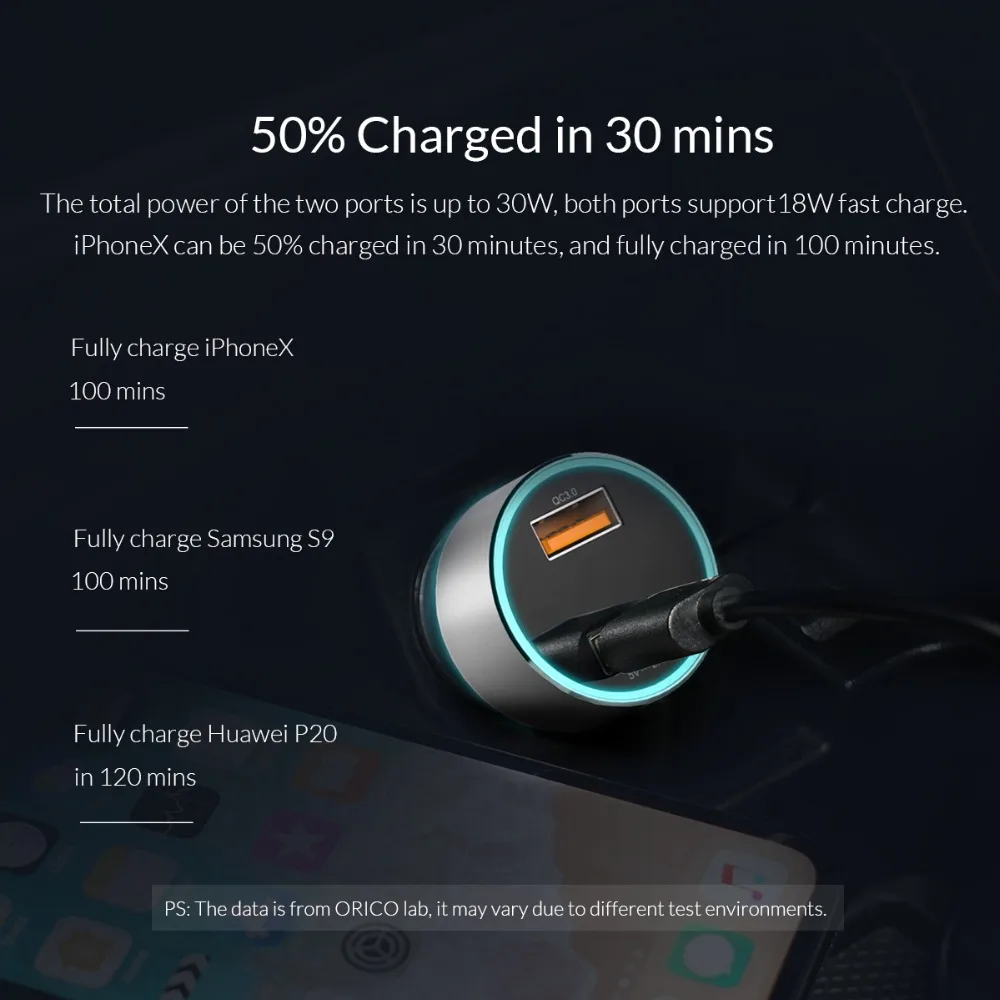 Автомобильное зарядное устройство ORICO QC3.0 30 Вт Max Dual USB для автомобильного