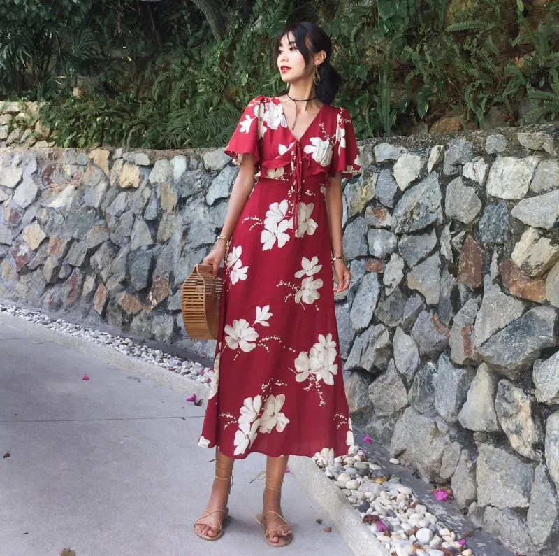 Women's Clothing Dresses summer new vintage a-line print fashion Simple Self-cultivation Low-cut high quality vestido long