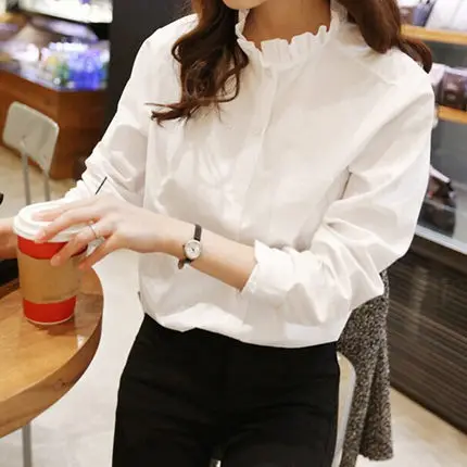 Хлопковая женская белая рубашка с гофрированным воротником размера плюс, Женская рабочая блузка, женская одежда, модные повседневные топы - Цвет: white