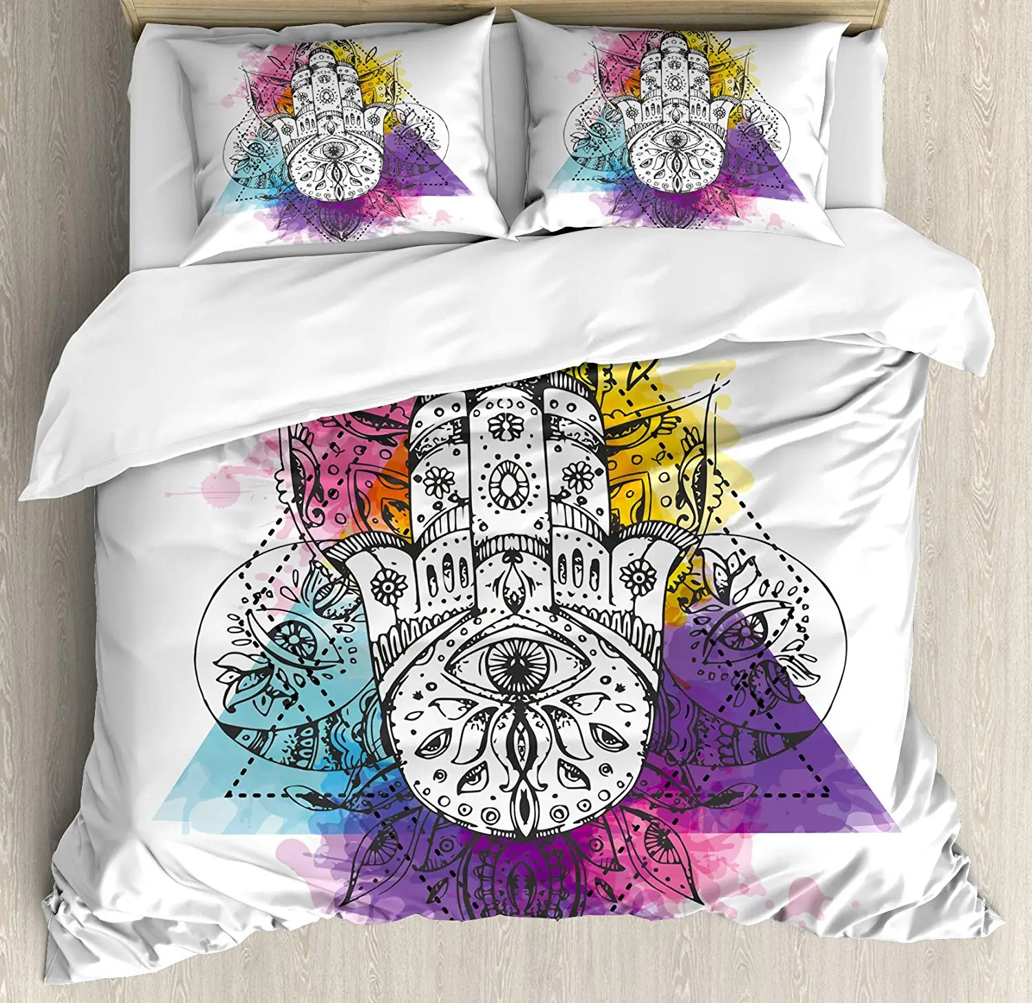 

Evil Eye Duvet Cover Set Artistic Sketch Hand of Fatima Triangular with Watercolor Splashes Middle Eastern 4 Piece Bedding Set