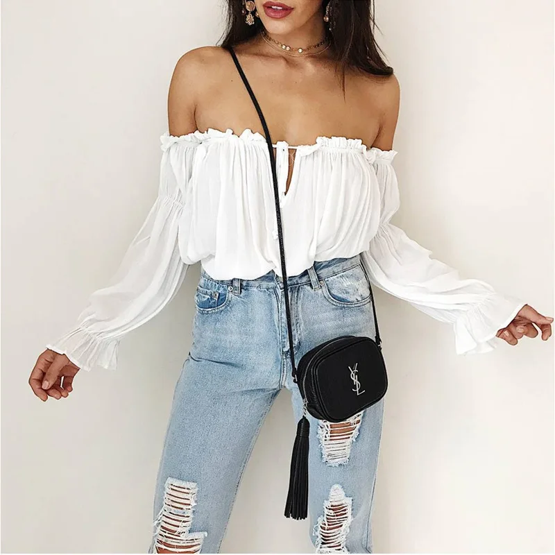 JULYAUG Off Shoulder Slash Neck Blouse Ruffles Casual