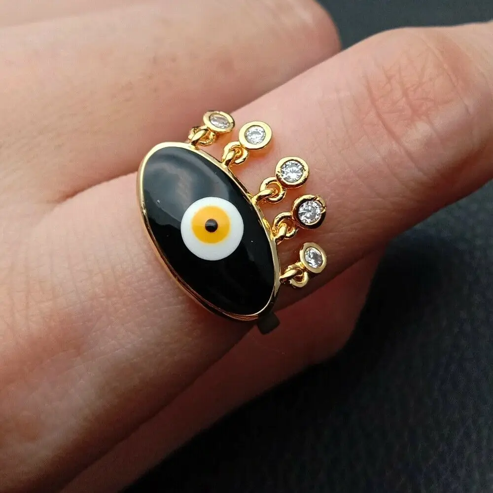 

Enamel Turkish evil eye cz charm tassel ring Golden color finger rings resizable