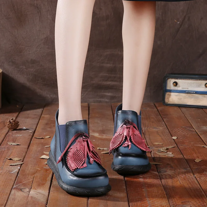 2016 Autumn Thick Bottom Slope Genuine Leather Cotton font b Boots b font Handmade Bow Casual