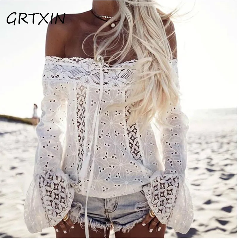 

2018 Fashion Spring White Hollow Out Shirt Women Tops Summer Slash Neck Flare Sleeve Slim Blouse Beach Shirt Casual