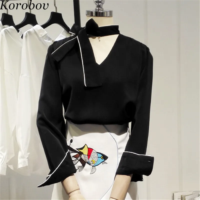 

Korobov New Arrival Halter V-Neck Female Shirts Black White Patchwork Blouse Korean Lacing Bow Casual Blusas 76587