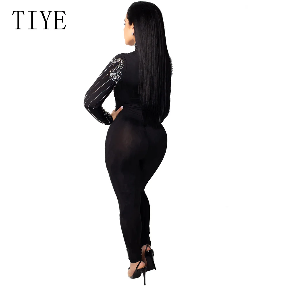 TIYE Sparkly Rhinestone Diamonds Sexy Party Jumpsuit Women Elegant Beaded Embellish Mesh Patchwork See Through Bodycon Overalls