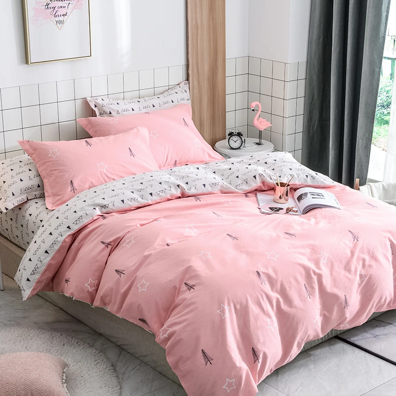 

Pink Solid Color Small Tree Pattern 100% Cotton 3Pc Comforter Bedding Sets Duvet Cover Set Winter Bed Sheet Pillowcase Full Size