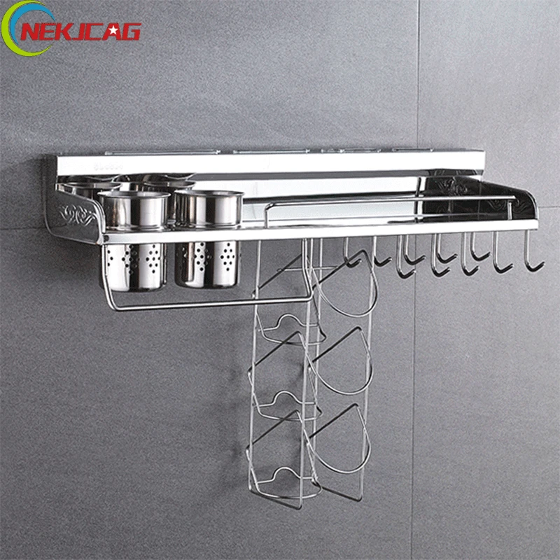 

Kitchen Storage Bracket Chrome Polish Wall Mounted Kitchen Rack Kitchen Shelf Cooking Utensil Tools Hook Rack kitchen Holder