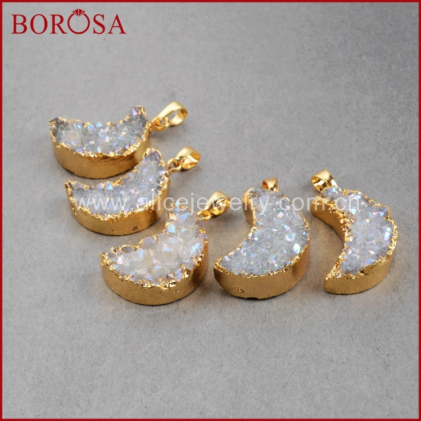 

BOROSA 8pcs Gold Color Moon Natural Crystal Titanium AB Druzy Pendant Bead for DIY Necklace,Fashion Drusy Gems Pendant G0388
