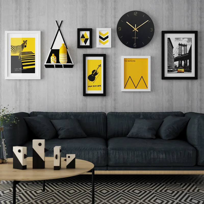 

Wood Photo Frame Wall Clock Decor 8 Pcs / Set Modern Mural Home Decoration Accessories Hanging Picture Frames with HD Pictures
