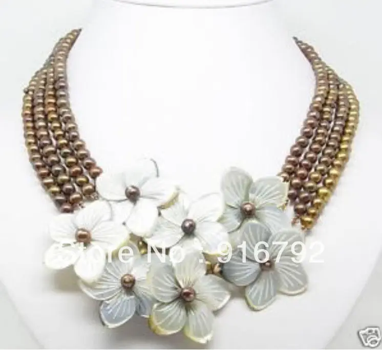 

free shipping >>>>> 4 Rows 6-7mm Chocolate pearl MOP flower Shell necklace