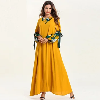 

Muslim fashion loose women's printed straps long-sleeved round neck dress Dubai Arab conservative robes thin long skirt