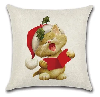 

2pcs Christmas Cat Dog With Red Cap Cute Pet Pillow Cases Linen Cotton Pillow Covers Bedroom Sofa Decoration