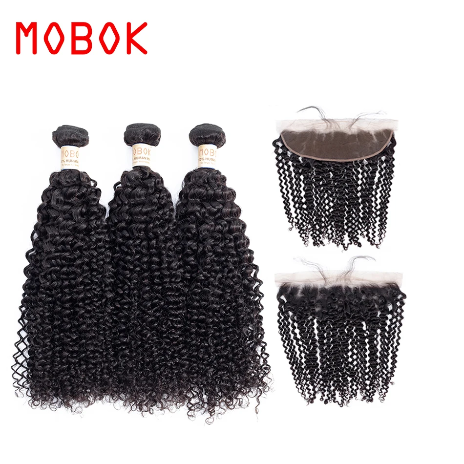 

MOBOK Hair Kinky Curly 3 Bundles With Lace Frontal Closure Natural Color 100% Human Hair Malaysian Non Remy Hair Free Shipping