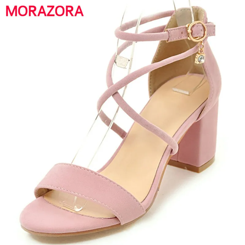 

MORAZORA Three colors women shoes sandals fashion elegant high heels shoes solid buckle open-toed large size shoes 34-45