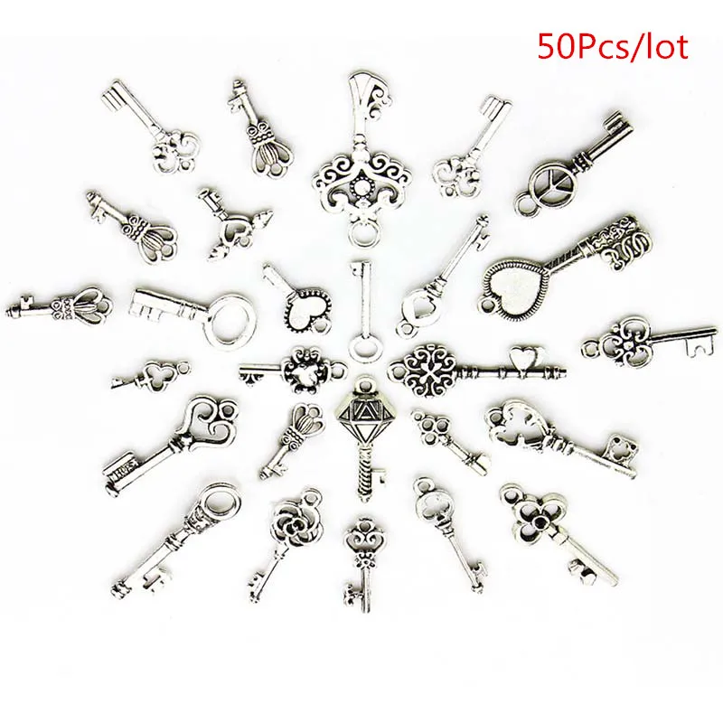 

50Pcs/lot Mix Silver Plated Key Lock Love Charm Pendants For DIY Jewelry Making Handmade Bracelet Necklace Accessories