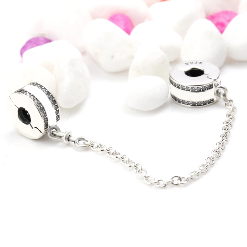 

925 Sterling Silver Safety Chain Charm with White Enamel&Clear CZ Beads Fit Europe Pandora Charm Bracelet DIY Jewelry