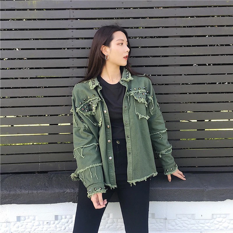Women Rivet bat sleeved causal street wear loose Jacket Vintage Denim Clothing Jacket M--3XL