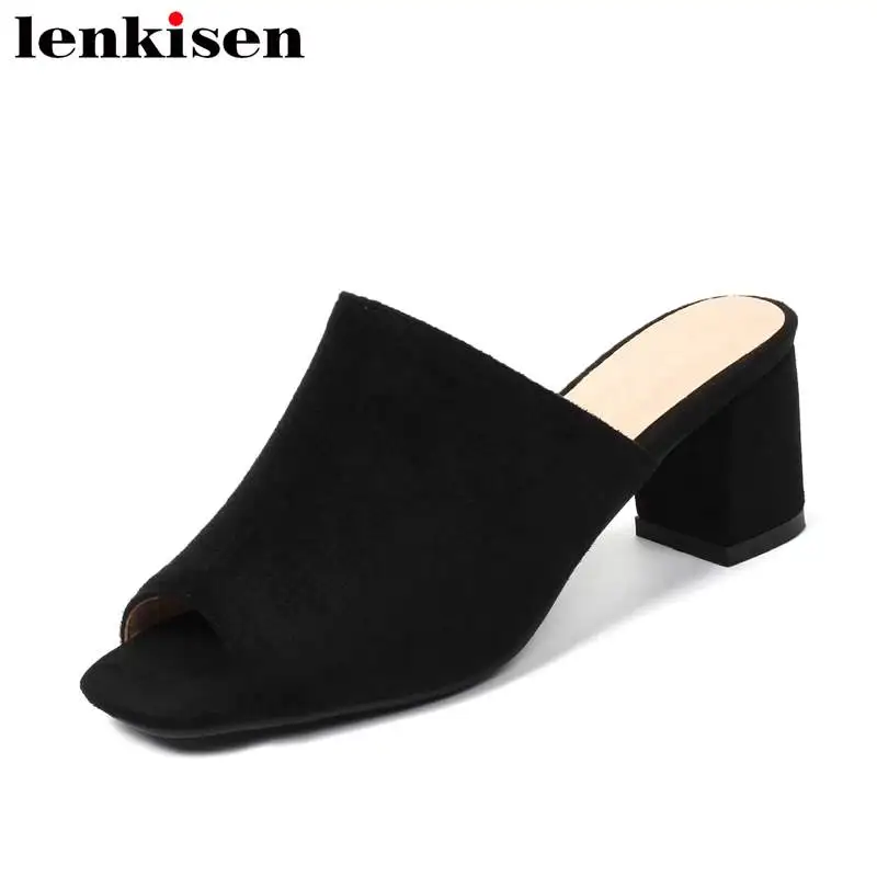 

Lenkisen elegant lady plus size PU med heel slip on peep toe shallow breathable mules solid fairy dress office women sandals L13
