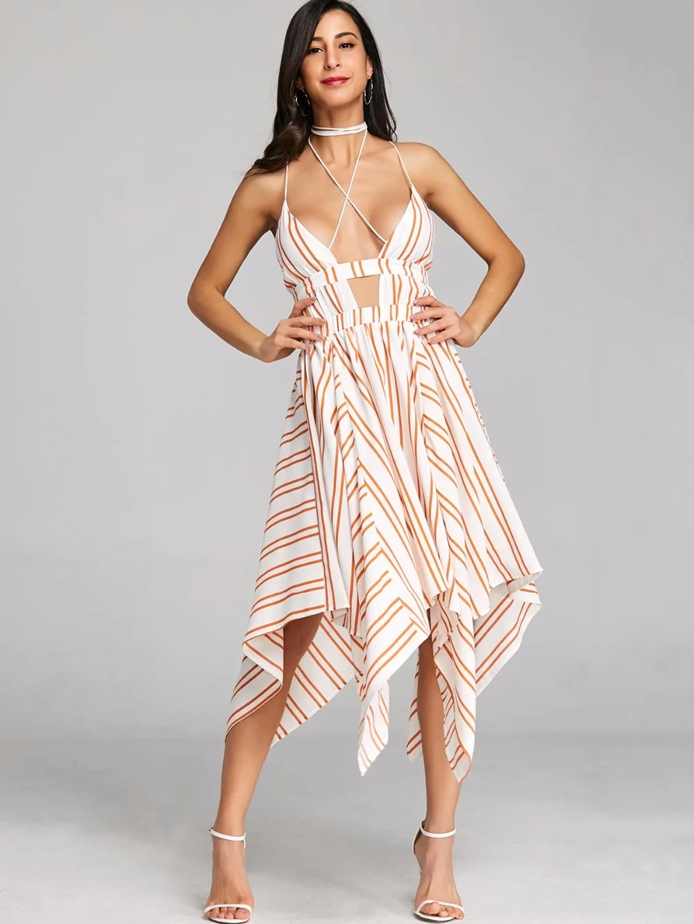 VESTLINDA Criss Cross Asymmetric Striped Dress Summer 2018 Handkerchief Strappy Sun Dress Women Backless Low Cut Robe Femme 7