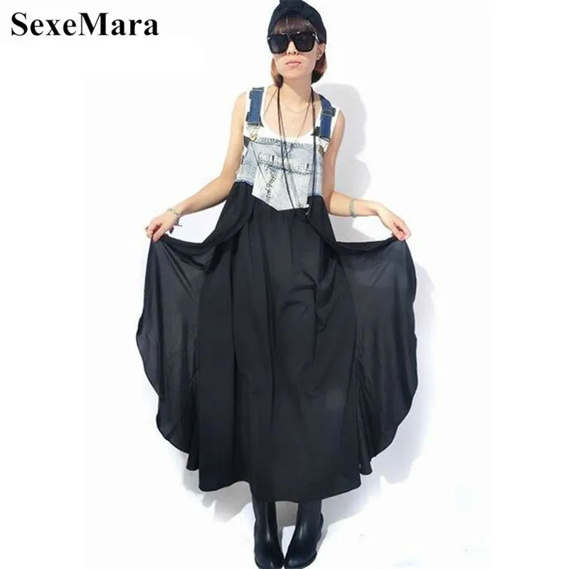 

2019 Maxi Dress Women Summer Denim Jeans Chiffon Patchwork Tank Dress Ladies Irregular Large Size Dress Vestido Longo