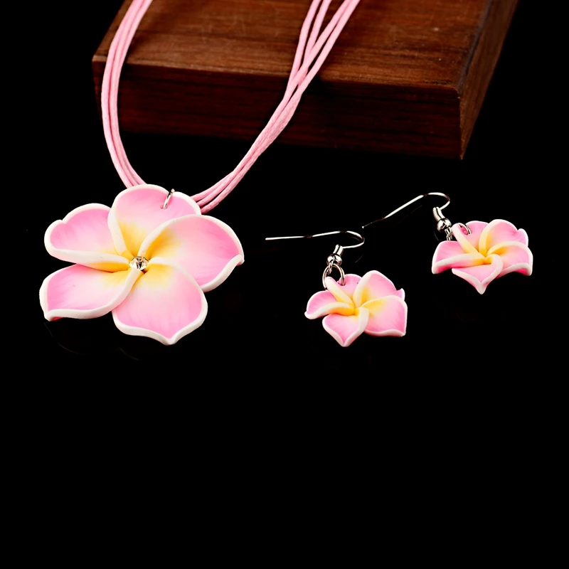 TopHanqi 1set 6color Summer Beach Hawaiian Clay Fimo Frangipani Flower Necklace Earrings Jewelry Sets For Children Girls
