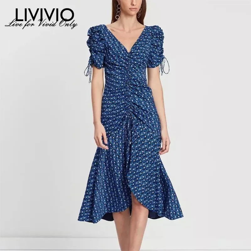 

[LIVIVIO] Vintage Print Women Dress V Neck Puff Sleeve Ruched High Waist Midi Dresses Female Fashion Spring 2019 New Tide