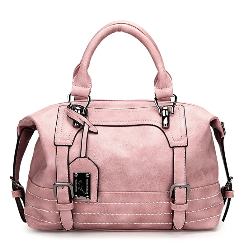 Women Handbag Boston Women Shoulder Bag Leather Rivets Tassel Pink