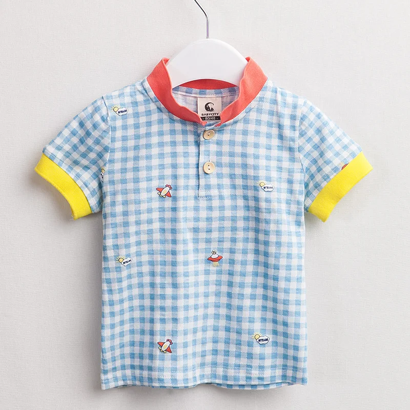 

New Summer Baby Boys T Shirt Mandarin Collar 100% Cotton Short Sleeve Children Clothes Outerwear Plaid Kids Boys Casual Tees