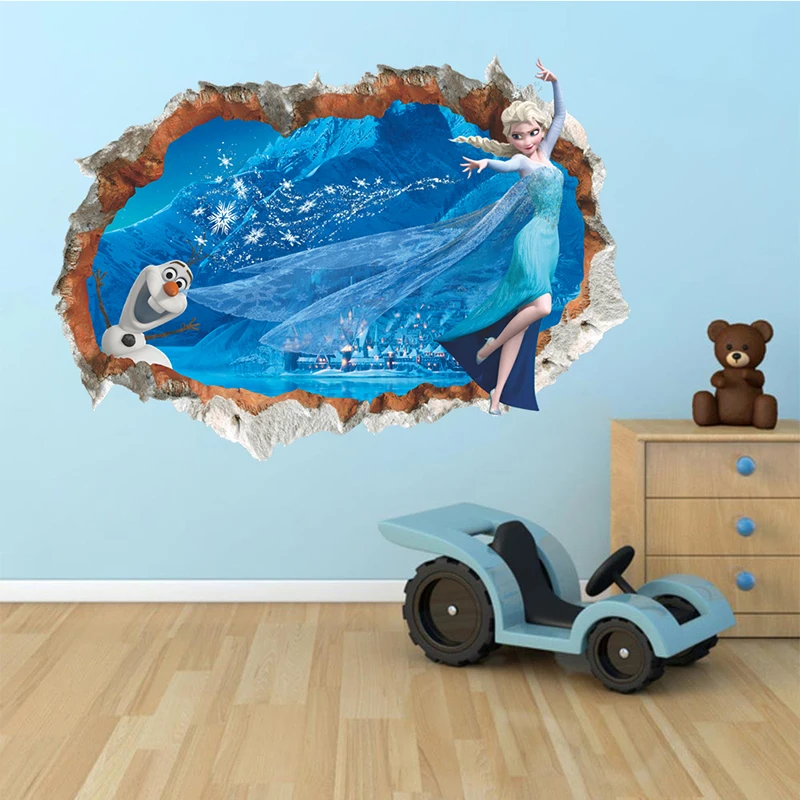 Cartoon Olaf & Elsa Princess Broken Hole 3D Wall Stickers For Home Decoration Frozen Anime Movie Mural Art Kids Room Wall Decals