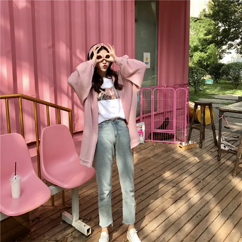 Осень и зима. Универсальные свободные ulzzang Harajuku ветровка BF длинный свитер кардиган пальто толстый женский
