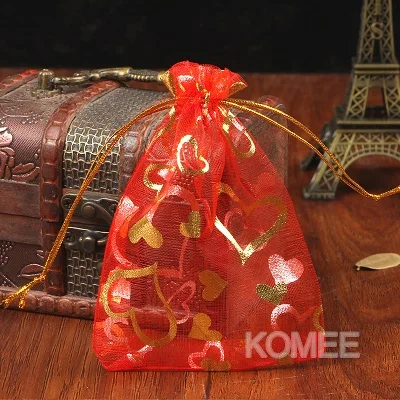 100 шт./лот 11x16 см красный с золотом Сердце печати упаковки ювелирных изделий тянущаяся органза подарочные пакеты Свадьба Рождественский подарок сумки и сумки - Цвет: Красный