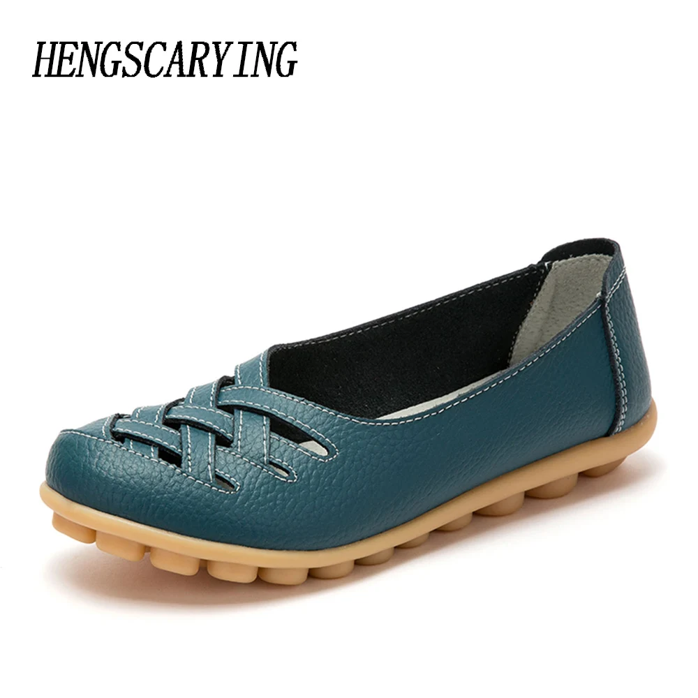 

HENSCARYING Brand 2018 Summer New Casual Women Leather Flat Lazy Ladies Ballet Flats Plus Size Girls Loafers Sliony Boat Shoes