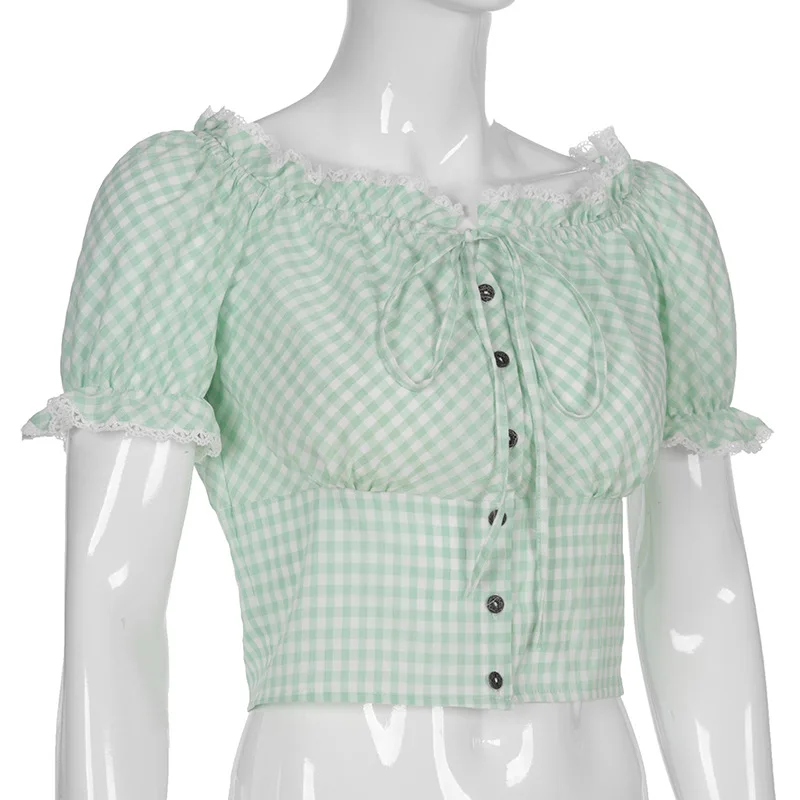 ArtSu клетчатая футболка с открытыми плечами, Женская Винтажная футболка с оборками и коротким рукавом, женская футболка, летние топы зеленого цвета ASTS21039