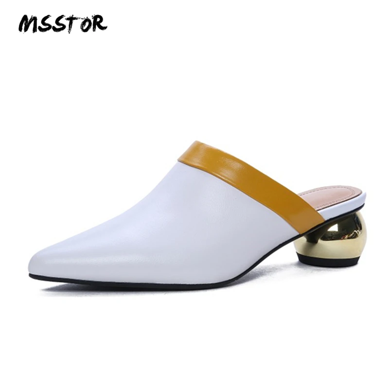 

MSSTOR Mixed Colors Mules High Heels Strange Style Fashion Genuine Leather Slippers Summer Women Pointed Toe Shoes Woman 2019