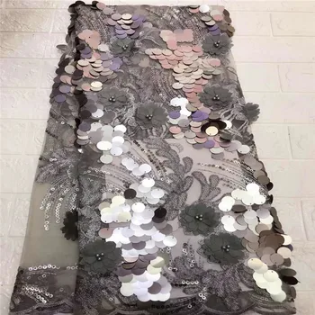 

French Net Tulle Lace 3d Flower Latest Lace Fabric Embroidered High Quality Sequin Grey African Lace Fabric for Party X1475