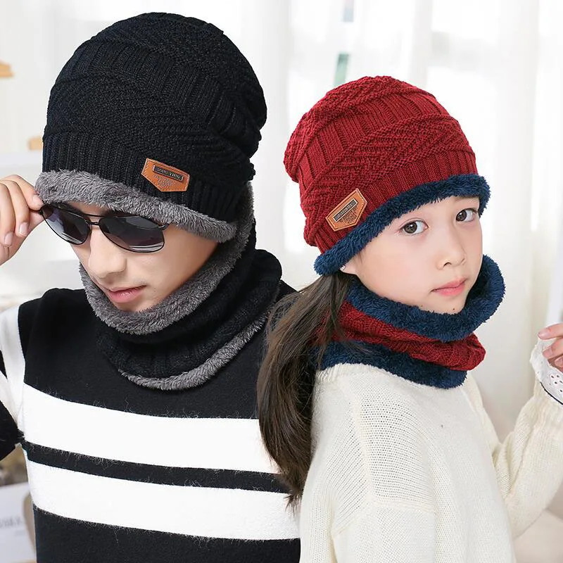 

SUOGRY Hot Sale 2pcs Ski Cap and Warm Leather Scarf Cold Winter Hat For Women Men Knitted Skullies Bonnet Warm Parent-child Caps