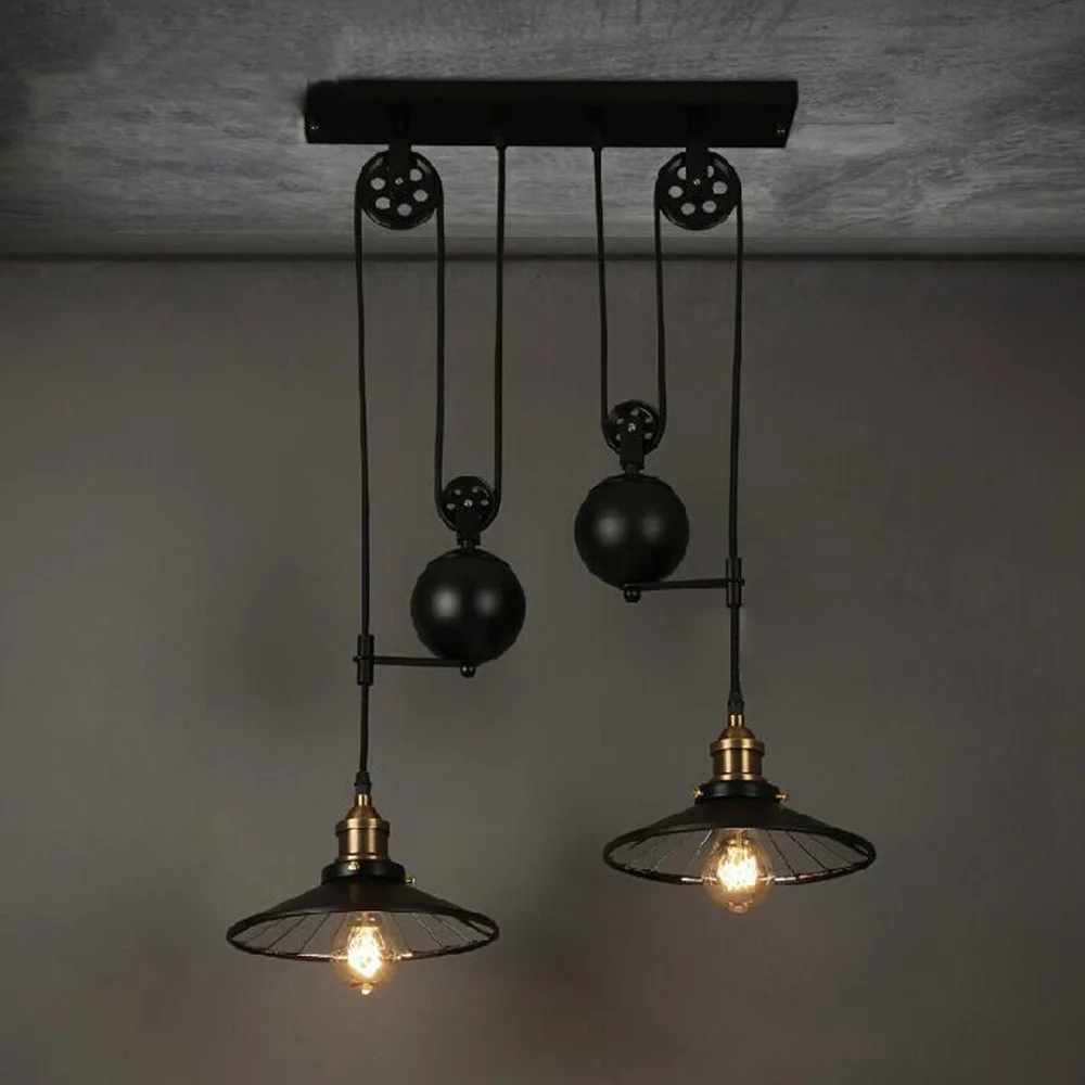 Loft Vintage Retro Wrought Iron Black Chandelier Adjustable Pulley Industrial Lamps E27 Edison Pendant 2Lamp Home Light Fixtures