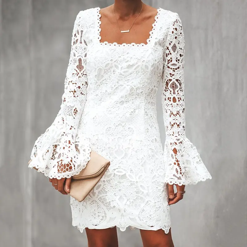 

Summer Sexy White Simple Boho Travel Beach Women Mini Dresses 2019 Bodycon Flare Sleeve Plain Party Sweet Backless Lace Dress