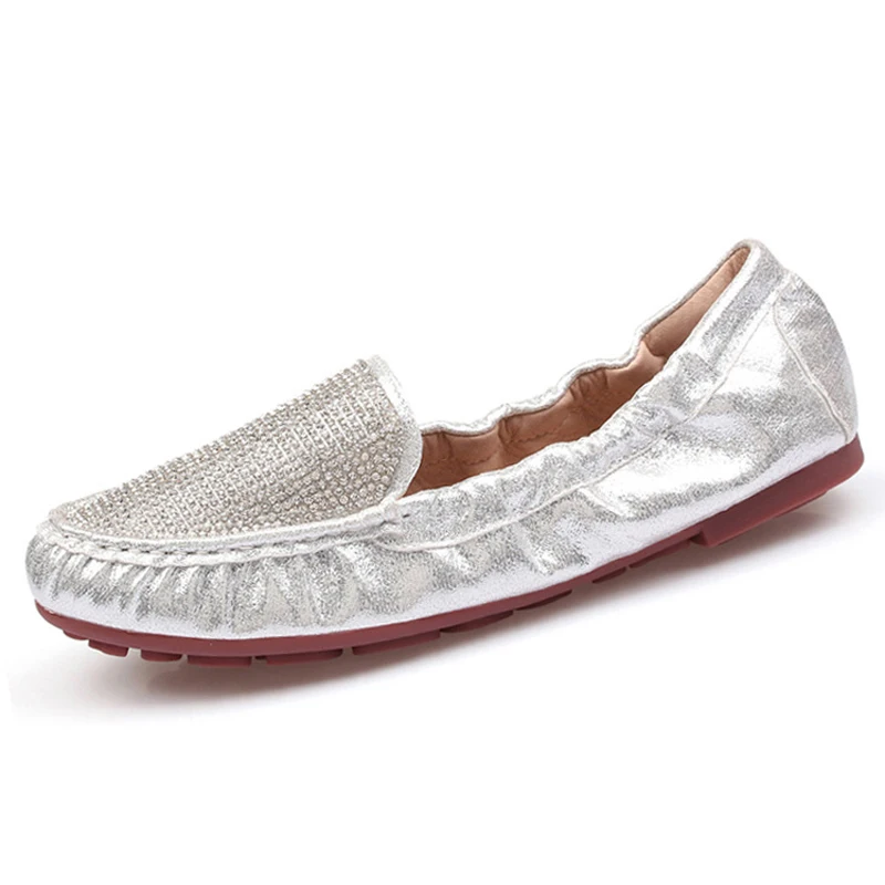 HEE GRAND/ г., летние золотистые Мокасины, обувь на плоской подошве из спилка женские мокасины без шнуровки с блестящими кристаллами, мягкая женская обувь, XWD6705 - Цвет: sliver